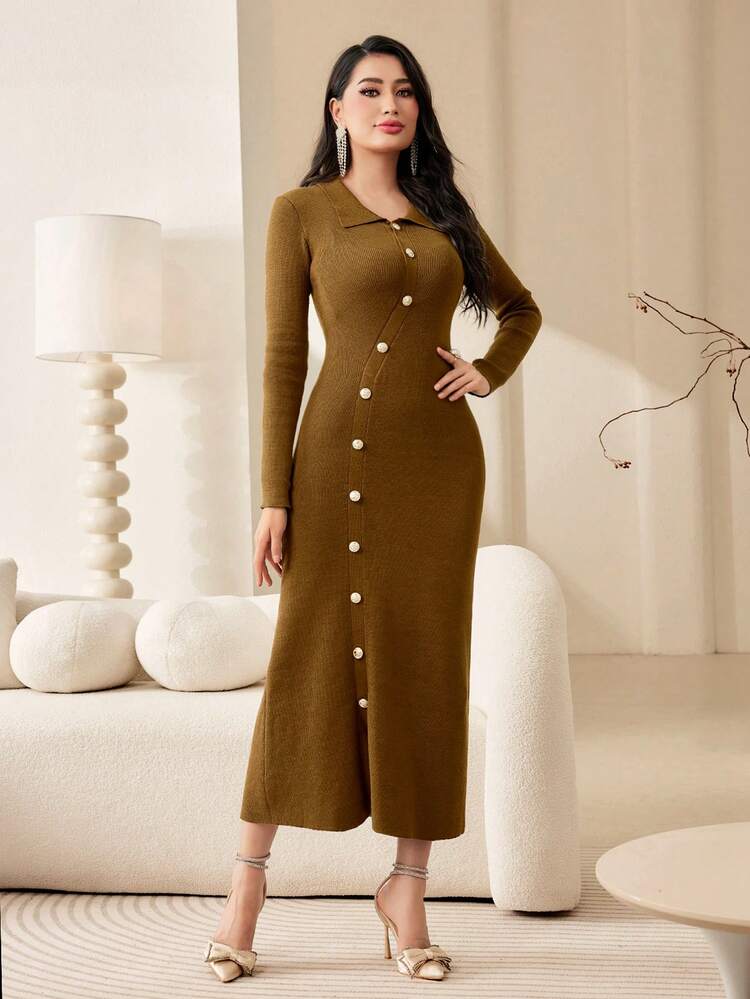 Women's Plain Knitted Sweater Dress With Button Detail And Ribbed Hemline