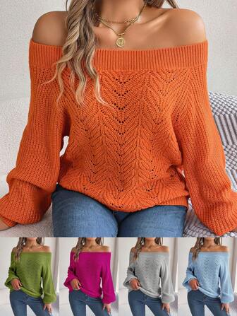 Solid Color Hollow Out Lantern Sleeve Dropped Shoulder Sweater, Autumn & Winter,Long Sleeve Tops