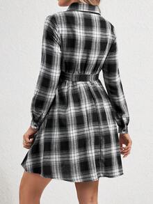 SHEIN 孕婦格紋印花腰帶襯衫洋裝 - 黑色 - 查看 2