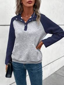 SHEIN LUNE 撞色插肩袖Polo領袋鼠口袋運動衫 - 藏蓝色 - 查看 5