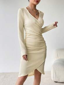 SHEIN Privé Solid Wrap Ruched Side Tulip Hem Bodycon Dress - Apricot - View 5