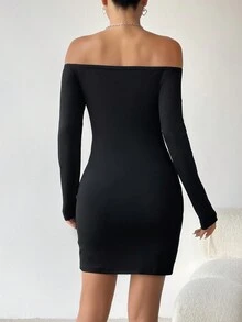 SHEIN EZwear 女性雙肩露鎖骨設計,拉鍊修身連身裙 - 黑色 - 查看 2