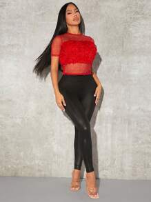 SHEIN SXY Rhinestone Detail Fuzzy Trim Crop Mesh Top Without Bra - Red - View 4