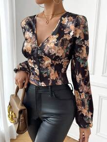 SHEIN Privé In hoa Tay áo lồng đèn Áo sơ mi Crop - Nhiều màu - Xem 5