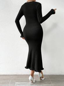 Chiquease Của phụ nữ Hình vuông Đường viền cổ áo Đuôi cá Đầm Áo len - màu đen - Xem 2