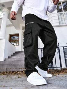 Manfinity LEGND Pantalones Rectos Holgados De Talla Grande Para Hombres Con Bolsillo Volteable - Negro - Ver 3
