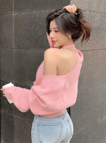 Dazy Star Chất rắn 2 trong1 Chi tiết bọc Áo len - Hồng - Xem 6