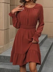 SHEIN Clasi 抽褶袖口袖荷葉邊洋裝 - 棕色 - 查看 1
