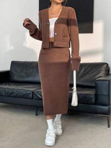SHEIN Essnce Solid Button Front Cardigan & Knit Skirt - Coffee Brown - View 5
