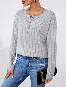 SHEIN LUNE Button Front Drop Shoulder Tee - Light Grey - View 5