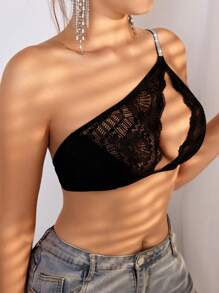 SHEIN Women's Asymmetrical Neck Strap Black Lace Bra Sexy Lingerie