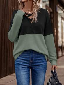 SHEIN LUNE Hai âm Crisscross Thả vai Áo nỉ - Nhiều màu - Xem 5