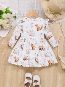 SHEIN Baby Girls' Knitted Cute Rabbit & Squirrel Pattern A-line Dress With Short Flare Sleeves - White - View 2
