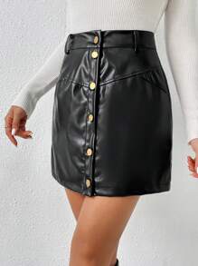 SHEIN Frenchy 高腰前紐扣PU皮革半身裙