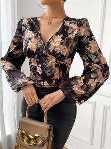 SHEIN Privé In hoa Tay áo lồng đèn Áo sơ mi Crop - Nhiều màu - Xem 3