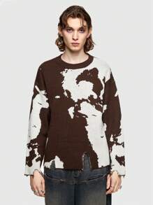 ROMWE MEN Street Life Men Colorblock Round Neck Sweater - Coffee Brown - View 1