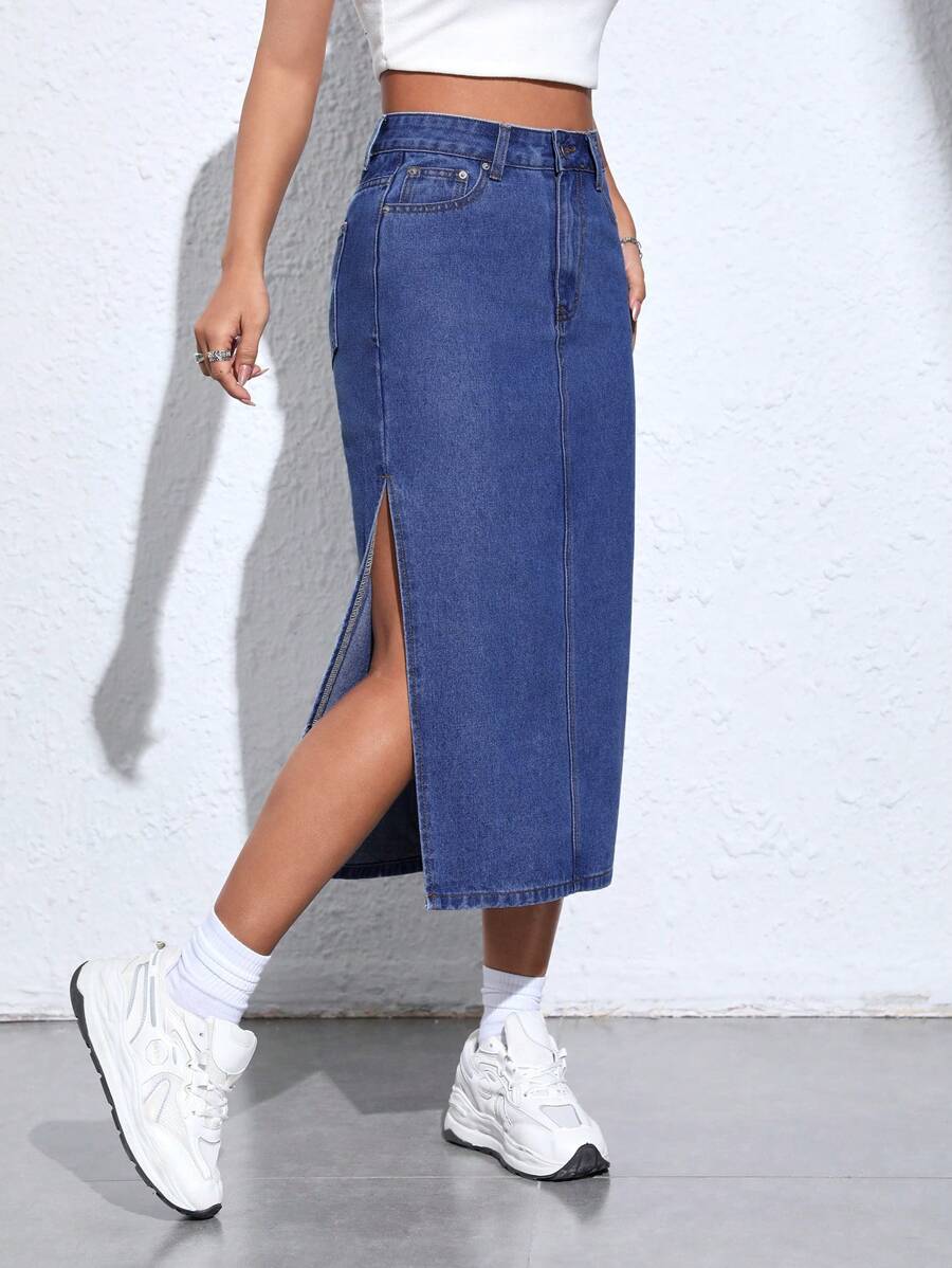 SHEIN PETITE Tách đùi Váy Denim - Rửa tối - Xem 1