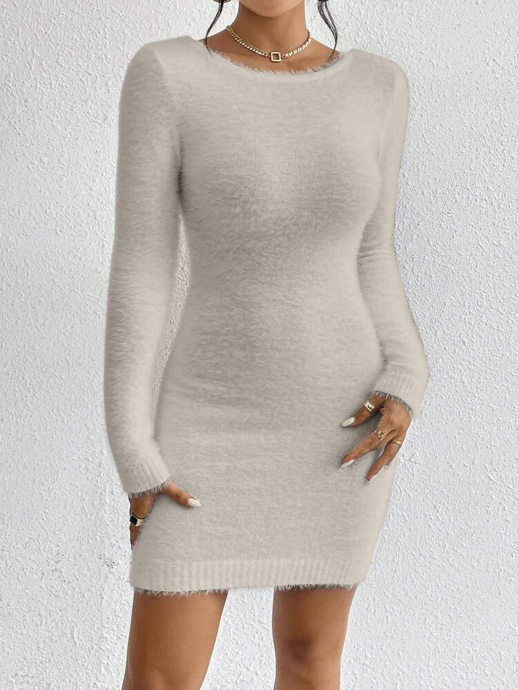 Women's Plush Knitted Sweater Dress, Fall And Winter, Elegant, Camel, Longsleeve, Crewneckl