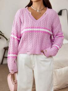 Flirla Plus Size Striped Preppy Twisted Rope Textured Distressed Sweater Knit Pullover Fall Winter Sweater - Multicolor - View 5