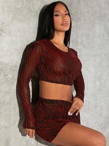 SHEIN SXY Allover Print Crop Mesh Top & Bodycon Skirt - Red - View 4