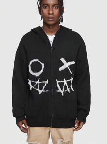 ROMWE MEN Street Life Guys Cartoon Pattern Drop Shoulder Hooded Cardigan - Black - View 6