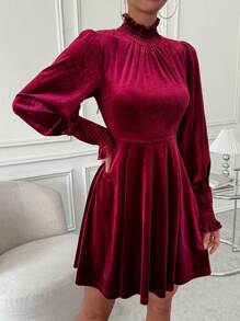 SHEIN Clasi Frill Trim Lantern Sleeve Velvet Dress