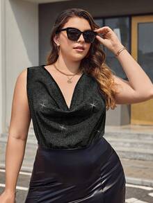 SHEIN Privé Plus Draped Collar Glitter Tank Top - Black - View 3