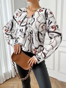 SHEIN Privé Chain Print Ruffle Trim Wrap Blouse - Multicolor - View 6
