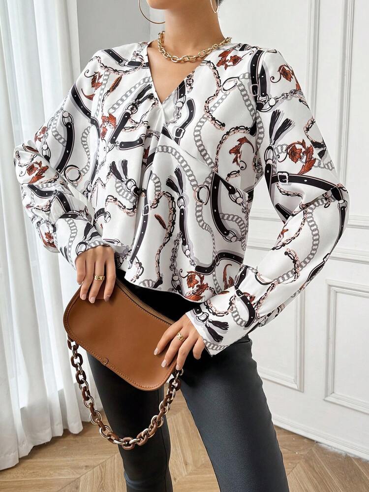 Chain Print Ruffle Trim Wrap Blouse