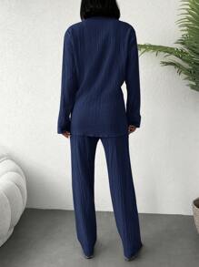 RueChic Solid Button Front Shirt & Pants Sets - Navy Blue - View 2