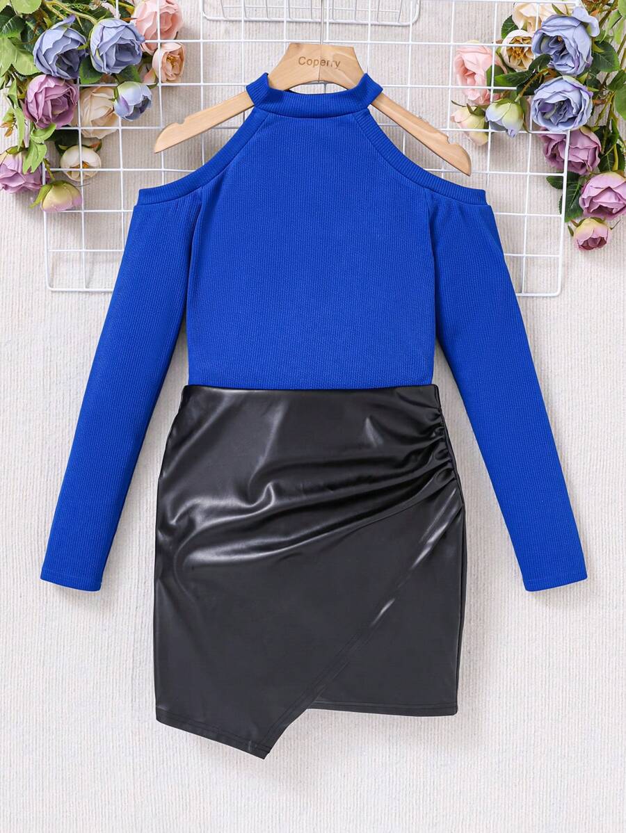SHEIN 2 cái/bộ Thiếu niên Cô gái Off Shoulder Áo thun Và chất liệu da PU Váy - Nhiều màu - Xem 1