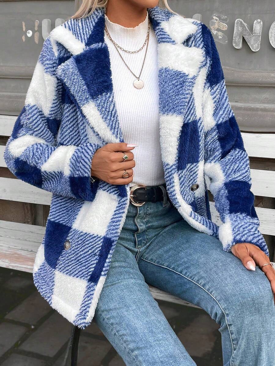 SHEIN Essnce 大方格圖案雙排釦絨毛外套 - 彩色 - 查看 1