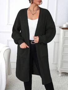 Calvaya Plus Dual Pocket Drop Shoulder Duster Cardigan - Black - View 1