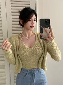 DAZY Atasan Rajut Cardigan & Cami Lengan Panjang Polos - Hijau - View 8