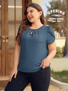SHEIN Clasi Plus Keyhole Neck Petal Sleeve Contrast Binding Blouse