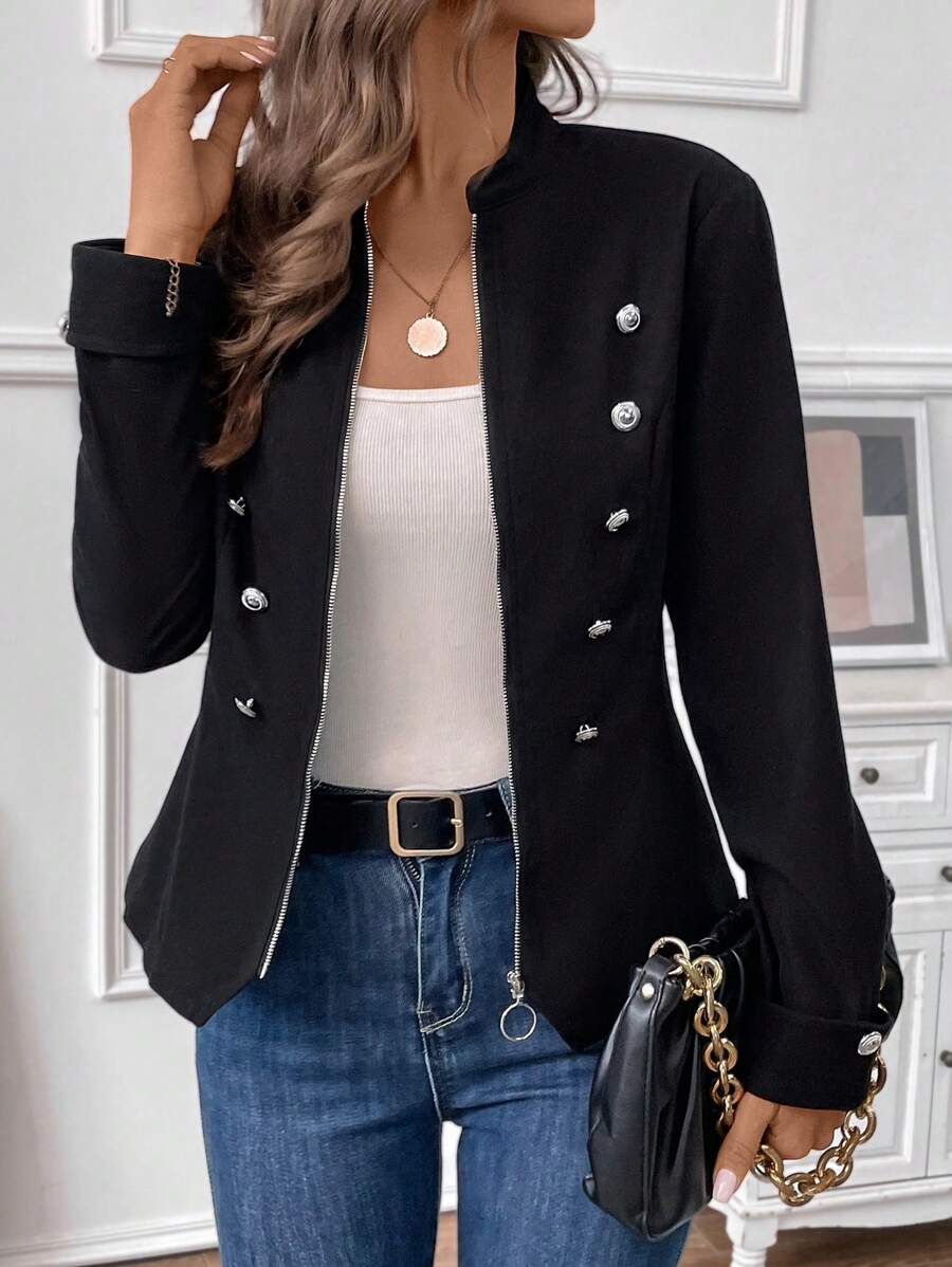 SHEIN Clasi 拉鏈開襟雙排釦細節夾克 - 黑色 - 查看 1