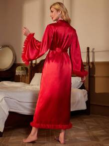 Fuzzy Trim Belted Satin Robe Luxeloungewear, Fall - Burgundy - View 2
