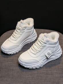 女性冬季保暖絨面高筒ins風格學生休閒運動鞋 - 白色 - 查看 2