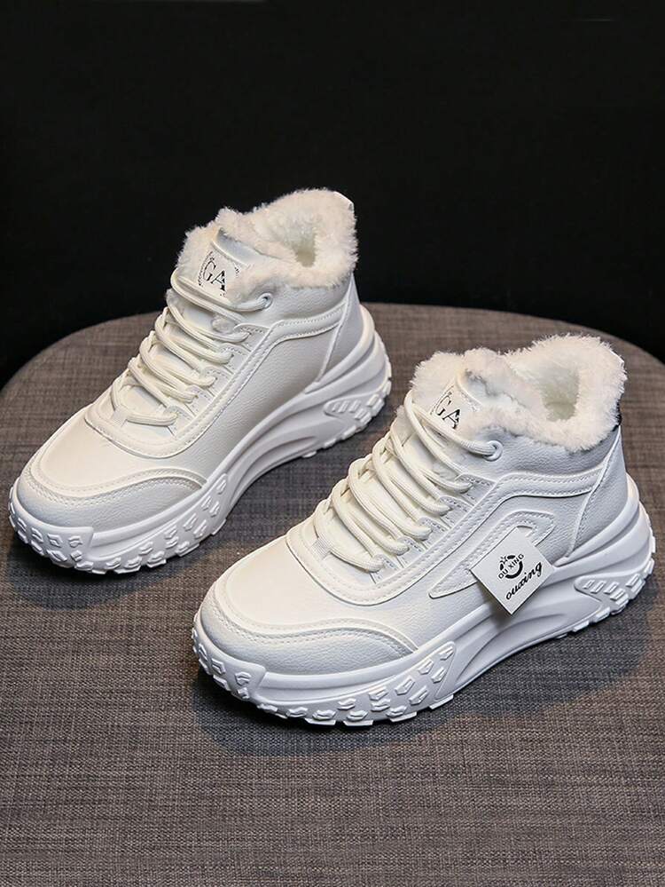 Mùa Đông Plush ấm áp High Top Phong cách ins Học sinh Giải trí Giày thể thao Đối với phụ nữ - trắng - Xem 2