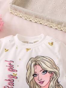 SHEIN Ensemble de 2 pièces sweat-shirt imprimé dessin animé adorable pour jeunes filles et jupe en filet à sequins