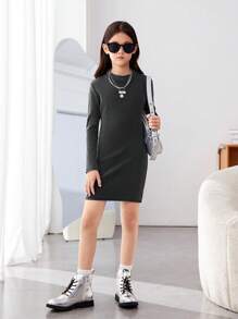 Cô gái Tween Cổ giả Đồ đan Ribbed Váy áo thun - màu đen - Xem 4