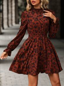 SHEIN LUNE Floral Print Flounce Sleeve Dress - Rust Brown - View 4