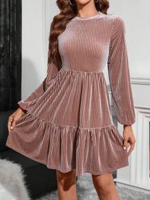 SHEIN Clasi Vestido de manga farol bajo con fruncido de terciopelo - Champán - Ver 4