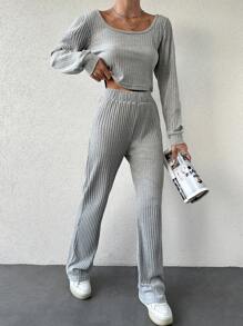 EURMUSE Solid Color Ribbed Pit T-shirt And Straight-leg Pants Two-piece Set - Grey - View 1