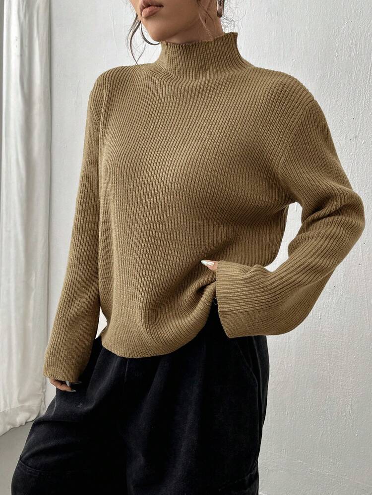 High Neck Drop Shoulder Knit Pullover Fall Winter Sweater