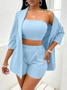 SHEIN Slayr Solid Women's Top And Pants Set - Baby Blue - View 6