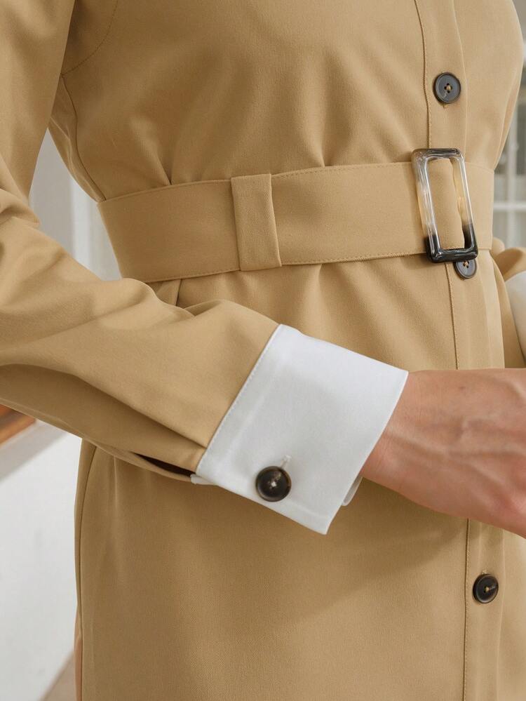 Women's Trench Coat With Front Button Closure And Waist Belt