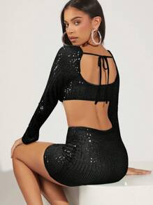 SHEIN BAE Conjunto Corto De Dos Piezas Negro Con Brillo Para Mujeres, Adecuado Para Fiestas Nocturnas En El Club