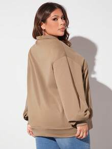 SHEIN SXY 大碼半拉鏈落肩袖運動衫 - 駝色 - 查看 2