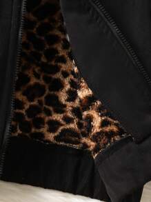 SHEIN Young Girl Contrast Leopard Print Letter Patched Zip Up Jacket - Black - View 5